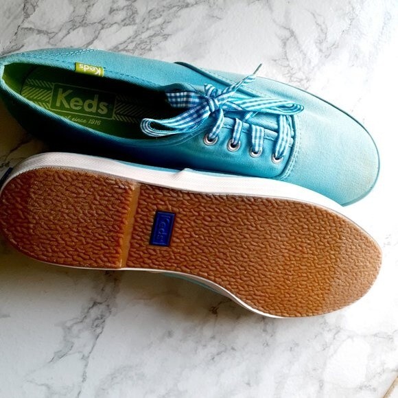 Keds Aqua Blue  Ladies Gingham Laces Canvas Low Top Sneaker Shoes Size 7.5 - Picture 13 of 14